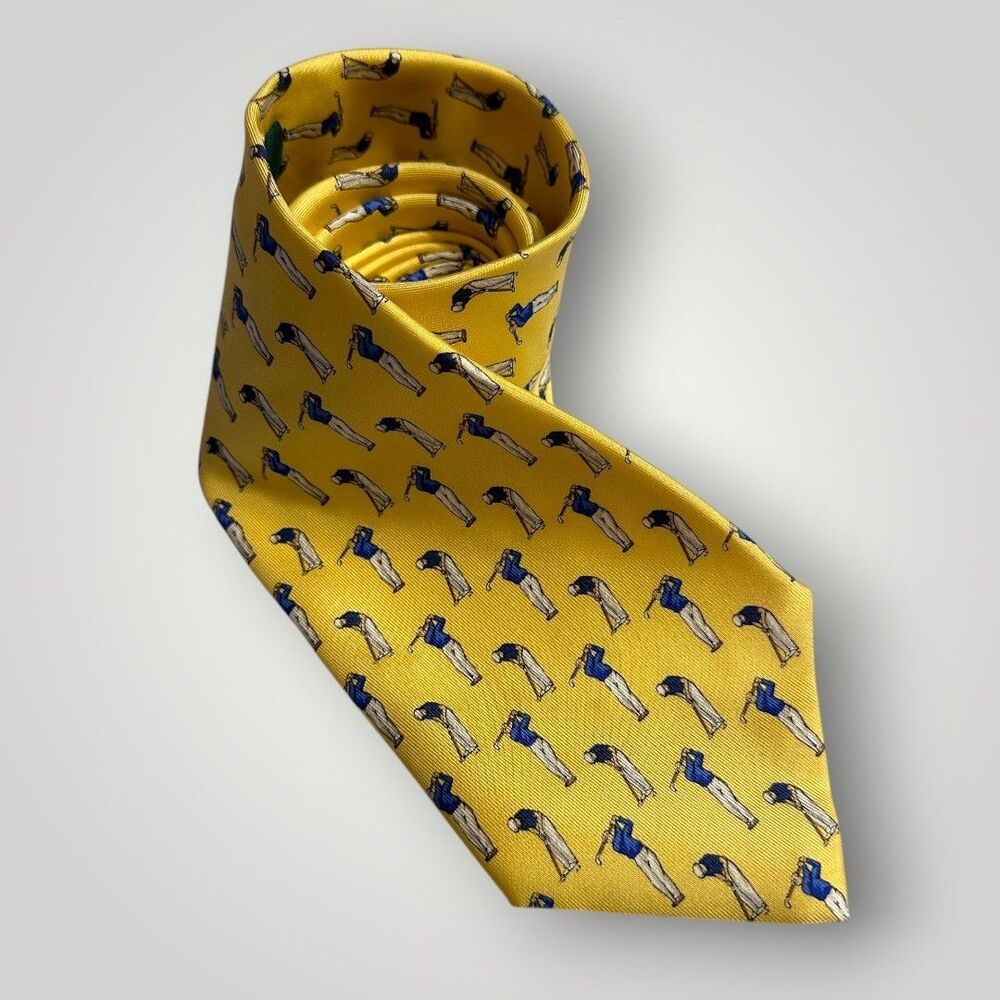 RALPH LAUREN Neck Tie Yellow/Blue/Tan Golf 100% Silk Mens Tie Necktie